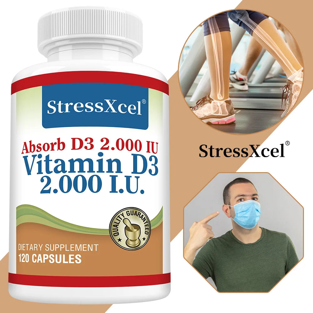 STRESSXCEL 2000 IU Vitamin D3 Capsules – Bone & Immune Support Vitamin Supplement Qst