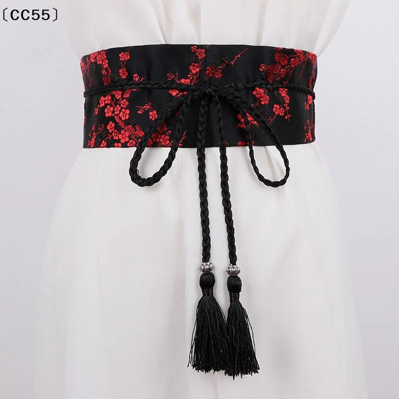 Vintage Floral Embroidered Wrap Belt – Bow Tie Tassel Sash Embroidered Wrap Belt Qst