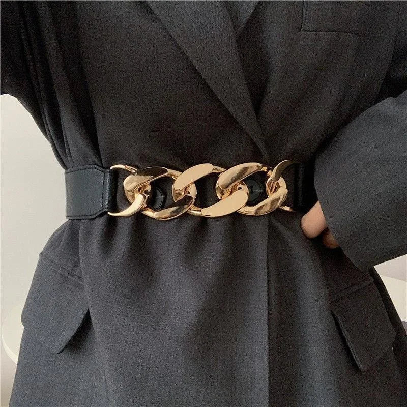 Women's Elastic Wide PU Leather Chain Buckle Rivet Belt Wide Fashion Belt Qme