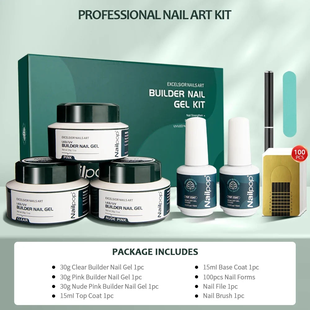Nailpop Builder Gel Kit – Pink, Nude & Clear 3-Color Set Builder Gel Kit Qme
