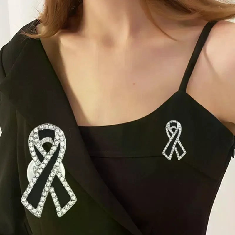 Black Rhinestone Ribbon Brooch Pin | Alloy Memorial Badge Rhinestone Brooch Pin Qme