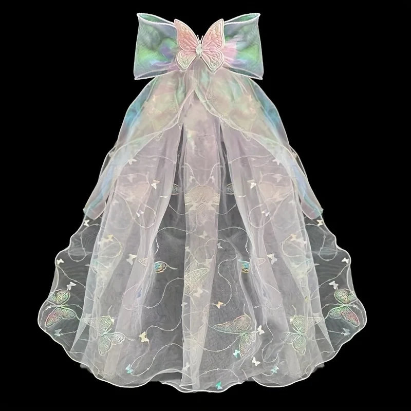 Iridescent Butterfly Hair Clip with Veil & Sequins | Qme Hair Clip Qme