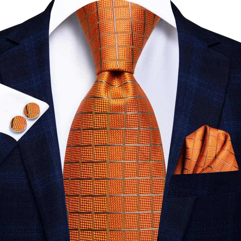 Hi-Tie Men's Orange Grey Paisley Silk Necktie Gift Set
