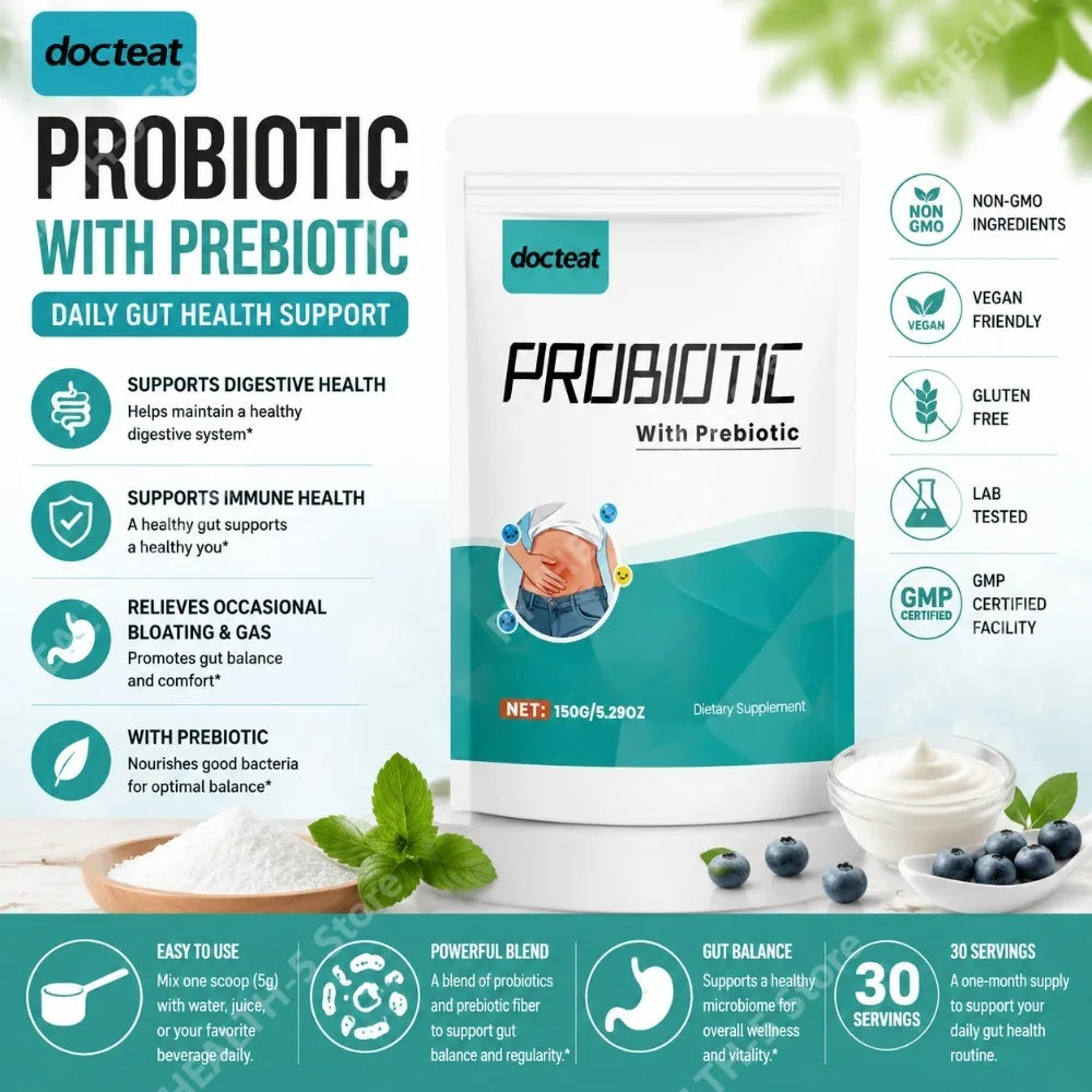 Docteat Probiotic & Prebiotic Powder – 30 Servings | 150g Probiotic Supplement Qst