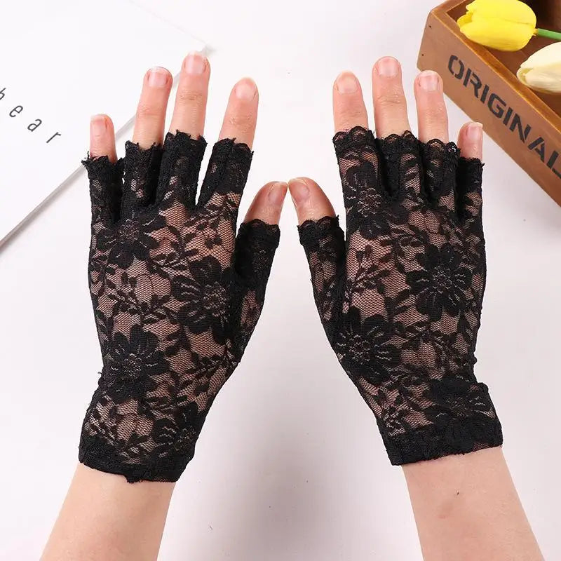 Women's Fingerless Lace Gloves – Breathable Fishnet Half Finger Fingerless Lace Gloves Qst Black