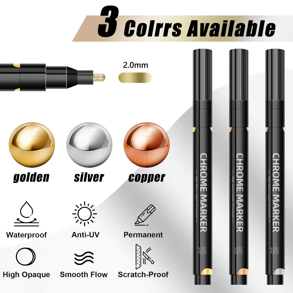 Mirror Chrome Metallic Markers – Waterproof Paint, Rock & Ceramic Metallic Paint Markers Qme