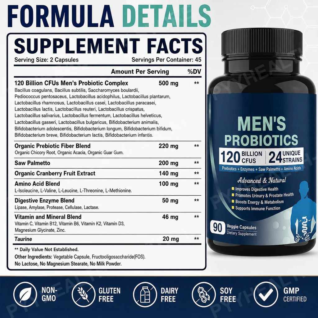 Probiotics for Men 120B CFUs 24 Strains Enzymes Prebiotics 90 Caps Probiotic Supplement Qst