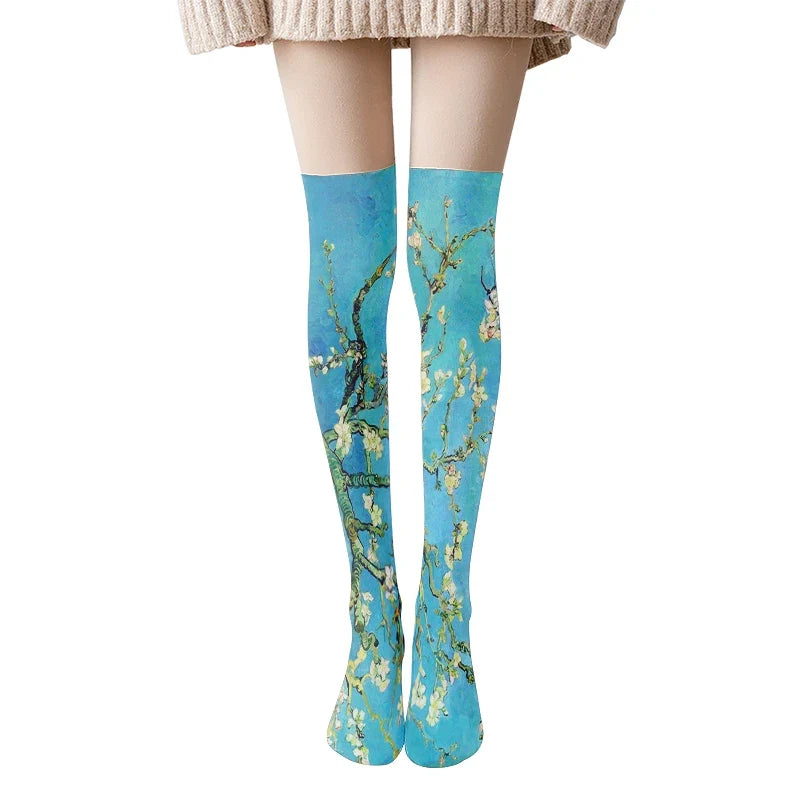 Van Gogh Art Print Thigh High Stockings – Starry Sky & Sunflower Thigh High Stockings Qme style5 One Size