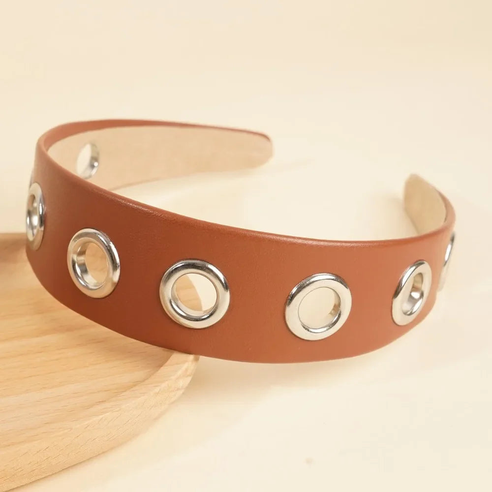 Y2K Hollow Metal Headband Ring – Stretchy Eyelet Wide Band Hair Headband Qme Brown