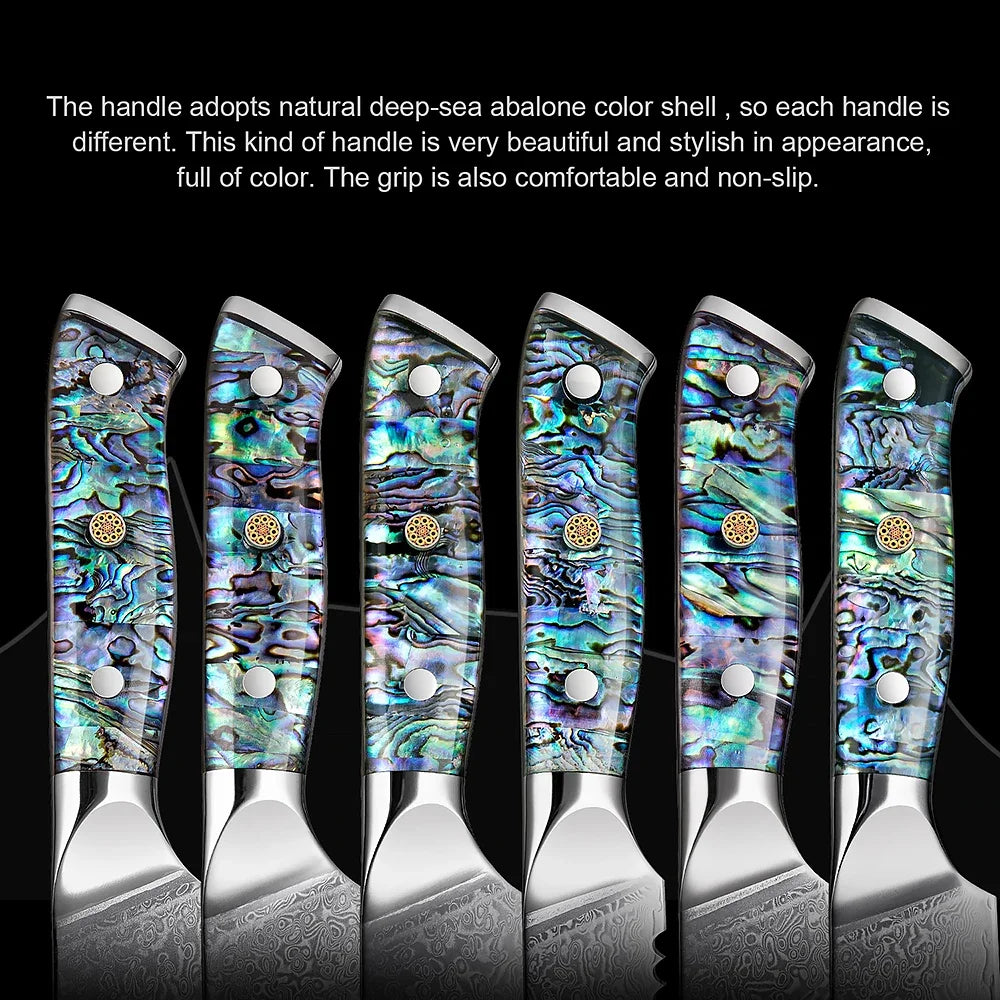 Damascus Steel Kitchen Knife Set – Abalone Handle | 1–5 Pcs Kitchen Knife Set Qst