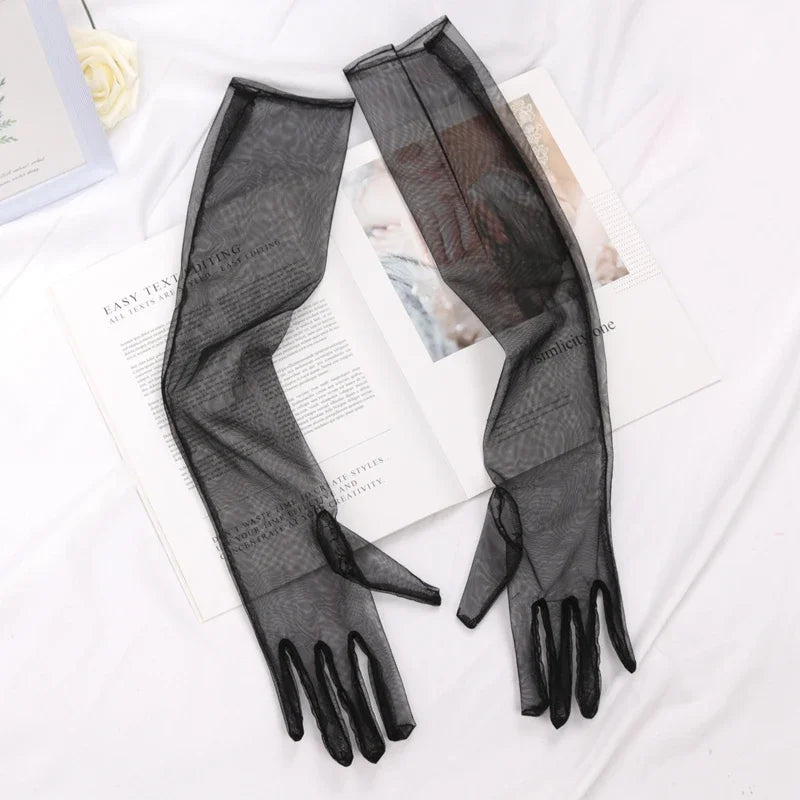 Women's Long Sheer Tulle Gloves Full Finger Mesh Arm Gloves Mesh Fashion Gloves Qme black 55cm