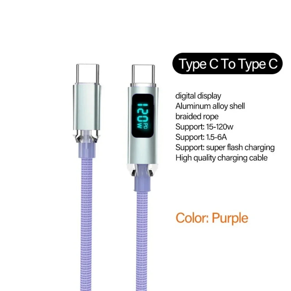120W USB-C Fast Charging Cable | Nylon Braided & Digital Display USB-C Charging Cable Qme PURPLE 2m
