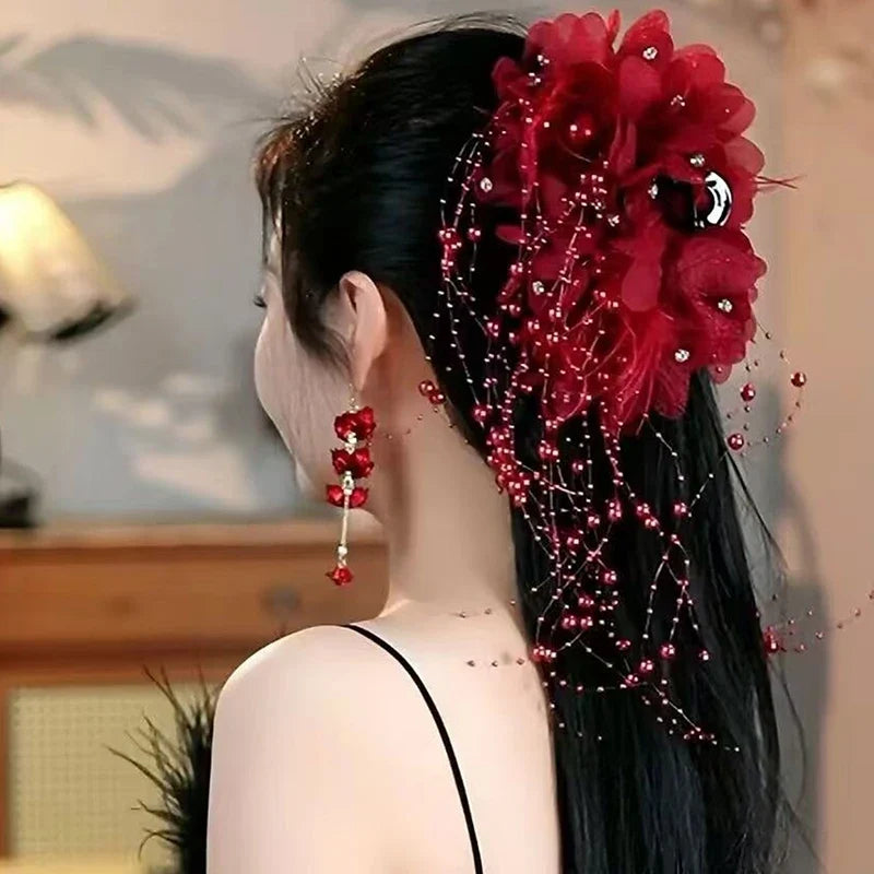 Women's Luxury Mesh Flower Pearl Tassel Hair Clips Hair Clip Qme Red