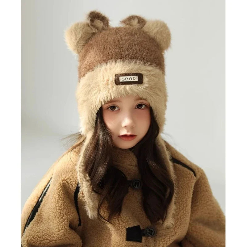 Girls' Bear Fleece-Lined Knitted Ear Flap Winter Hat | Qme Kids Winter Hat Qme