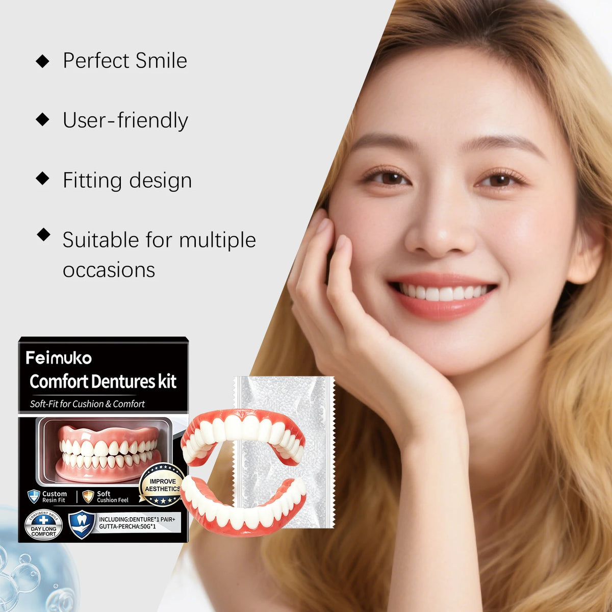 Soft Silicone Reline Dentures – Comfort Fit Fake Teeth for Adults Cosmetic Dentures Qst