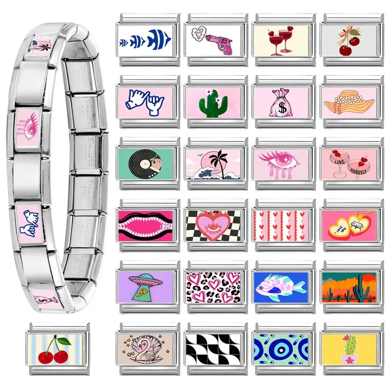 Y2K Italian Charm Links – Pink Heart Leopard Lips Hat | 9mm Italian Charm Links Qme
