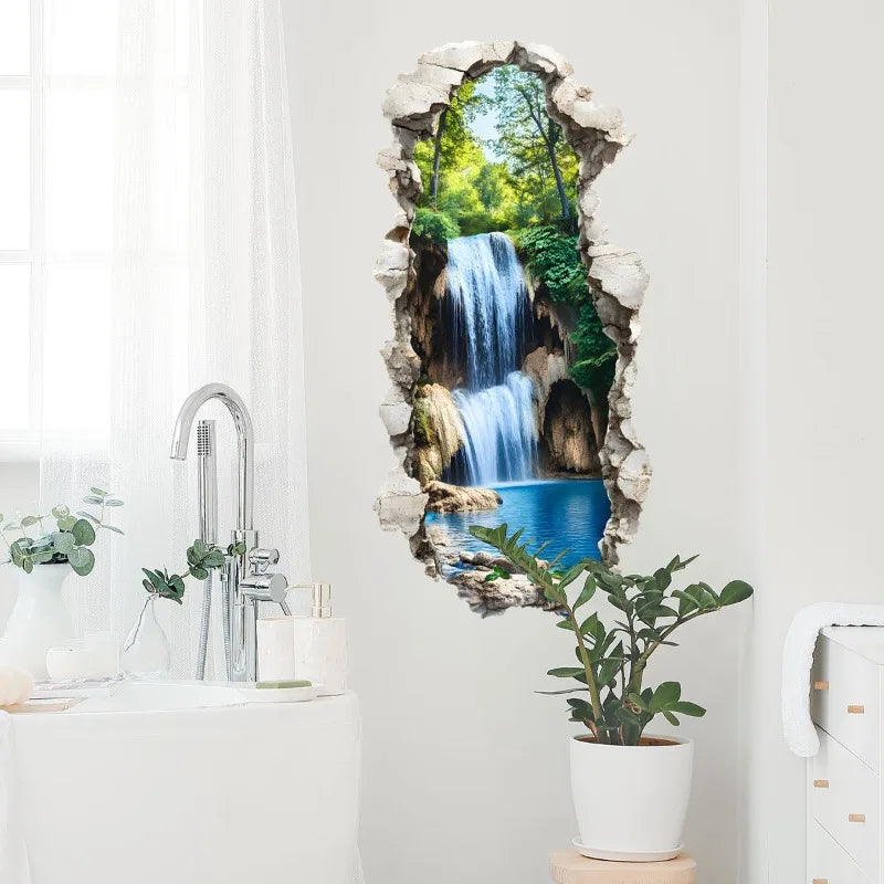 3D Waterfall Forest Wall Sticker – Peel & Stick Waterproof Decal Wall Decal Sticker Qme