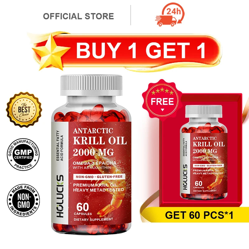 Organic Antarctic Krill Oil Capsules – Omega-3 EPA DHA 120ct Omega-3 Supplement Qst 60pcs Give 1 Get 1