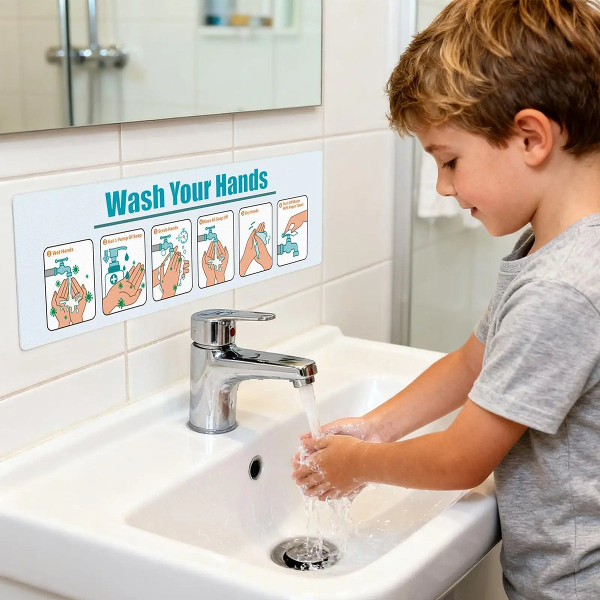 Hand Wash Instruction Sign – Matte Adhesive Handwashing Guide Hygiene Instruction Sign Qme