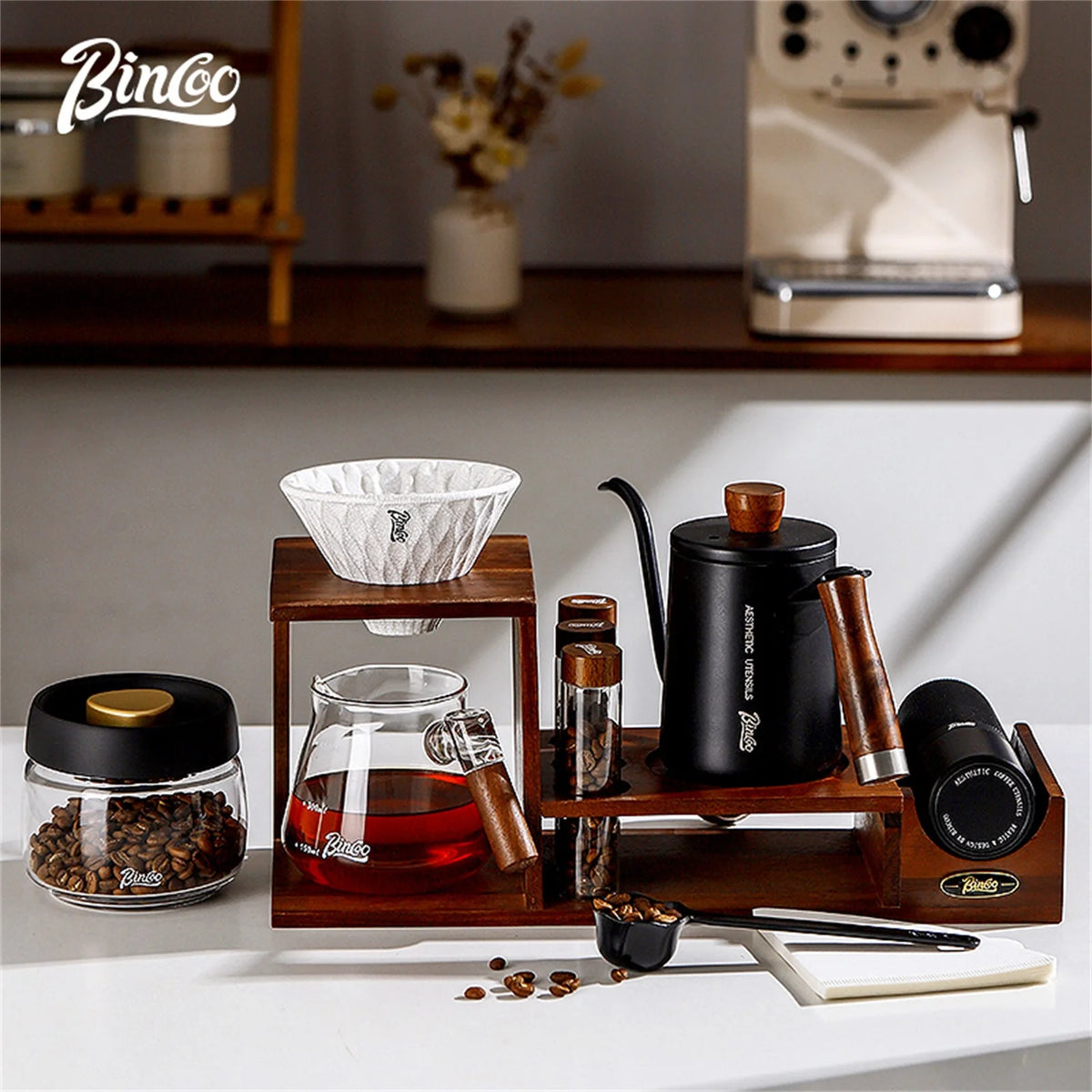 Bincoo Coffee Hand Grinder Storage Rack – 4-Piece Wood Set Coffee Organizer Rack Qst