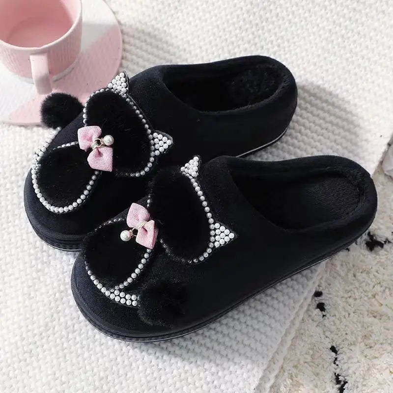 Women's Winter Plush Slippers – Crystal Rhinestone Indoor Women's Plush Slippers Qst WD-61 Black CN40-41(Insole 25cm China Mainland