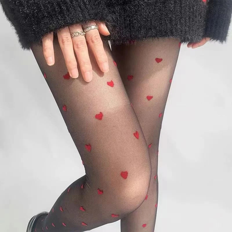 Women's Black Heart Tights Vintage Faux Tattoo Sheer Stockings Fashion Tights Qme