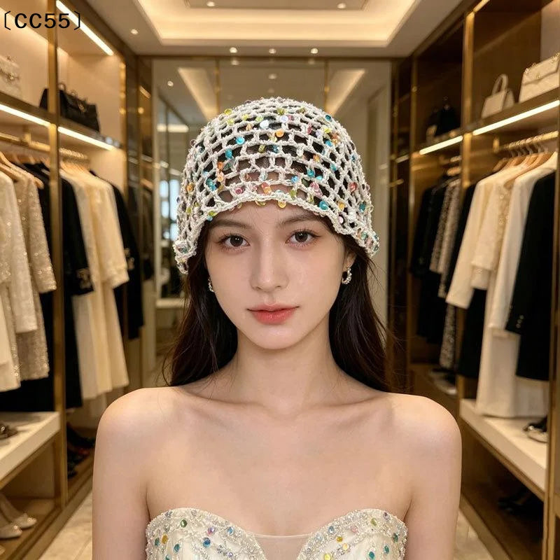 Women's Y2K Sequin Knitted Bucket Hat – Hollow Crochet Style Knitted Bucket Hat Qst
