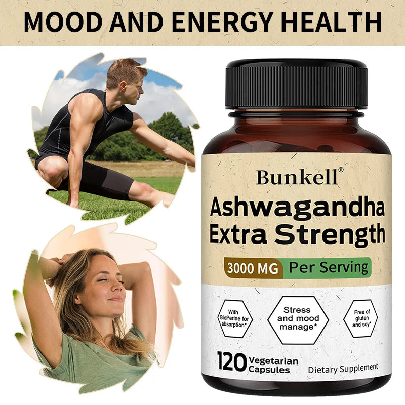 Organic Ashwagandha 3000mg + BioPerine Capsules | Bunkell Herbal Supplement Qst