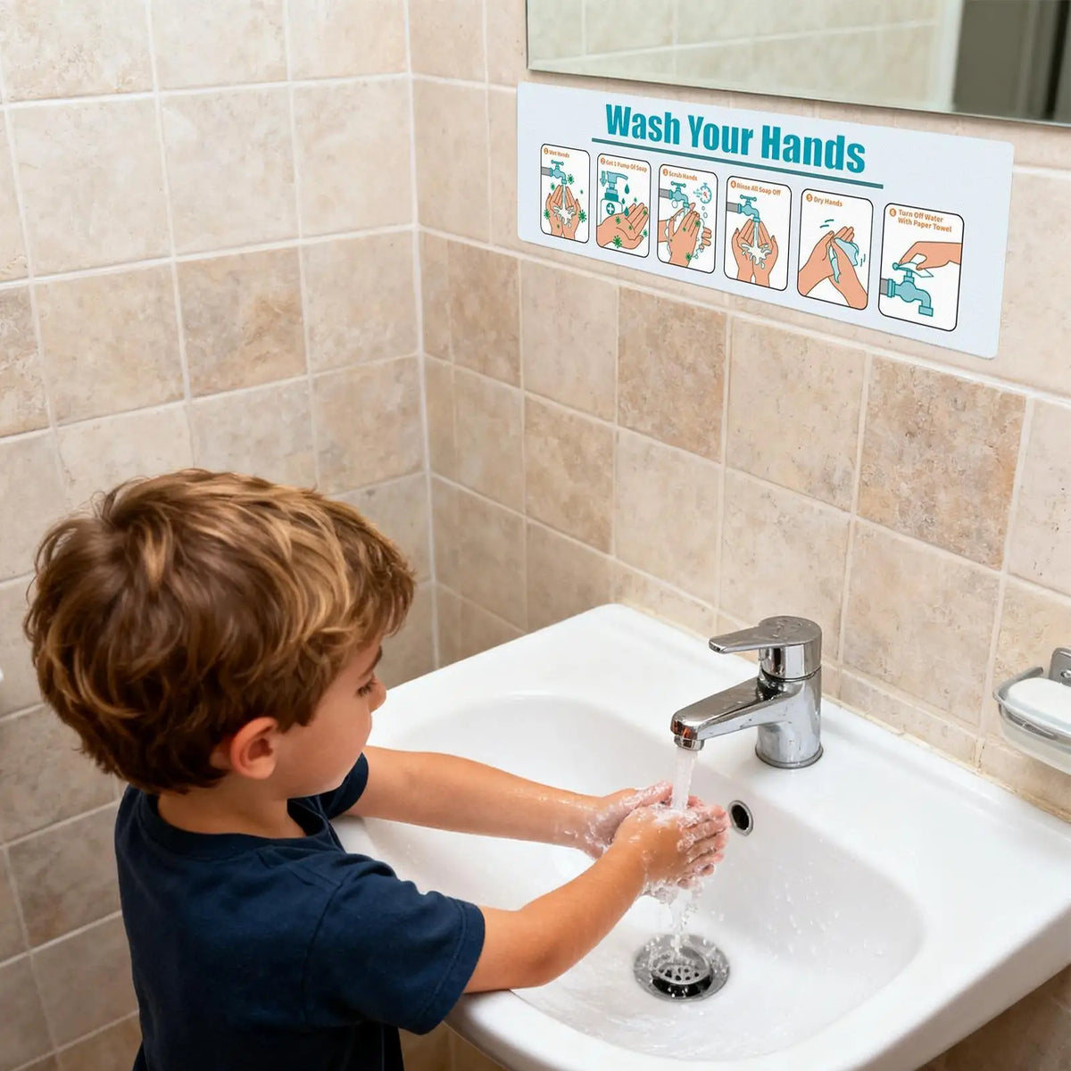 Hand Wash Instruction Sign – Matte Adhesive Handwashing Guide Hygiene Instruction Sign Qme
