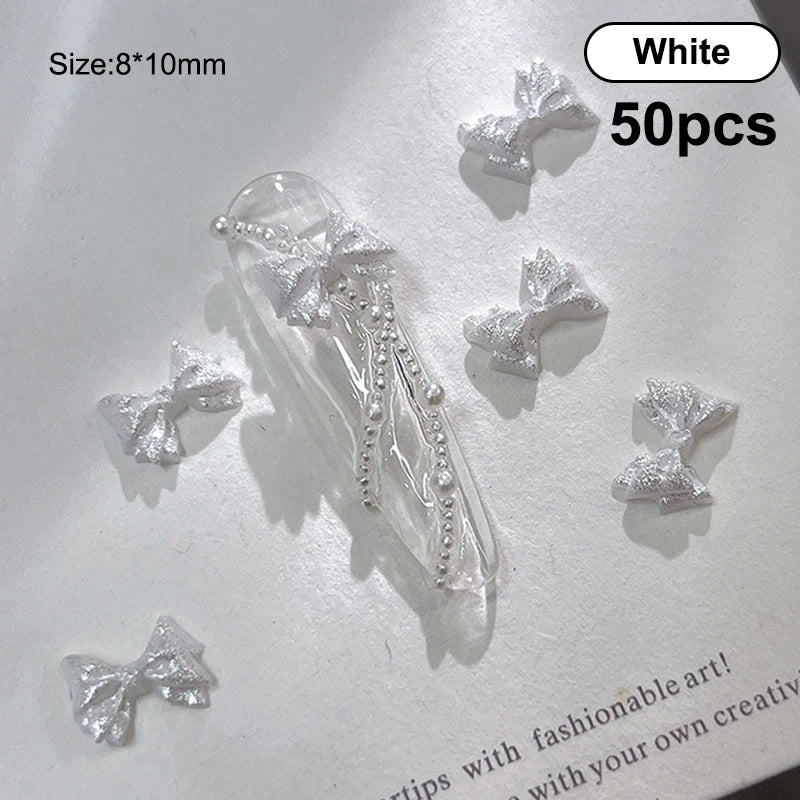 50PCS 3D Bow Nail Art Charms – Kawaii Pearlescent Resin Decor Nail Art Charms Qst White