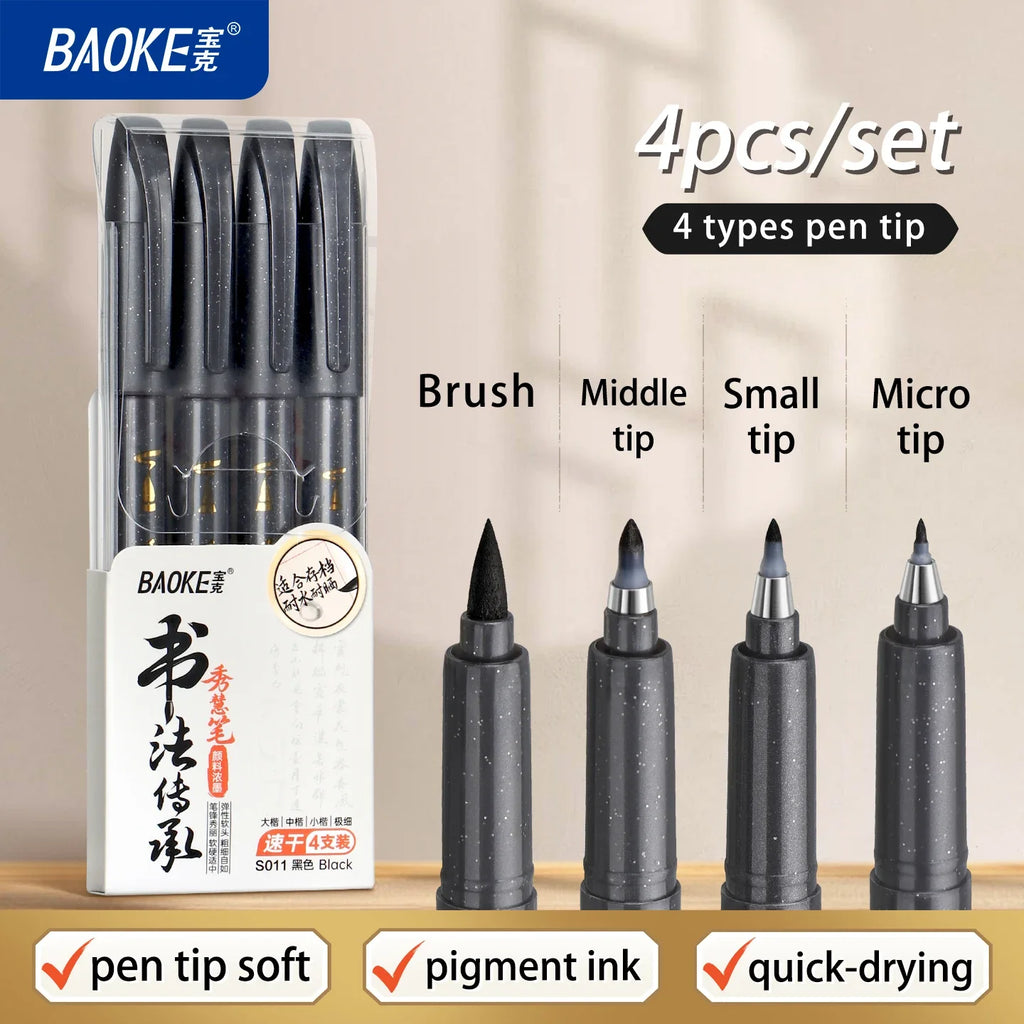 4-Size Calligraphy Brush Pen Set – Black Ink Hand Lettering Calligraphy Brush Pen Set Qme