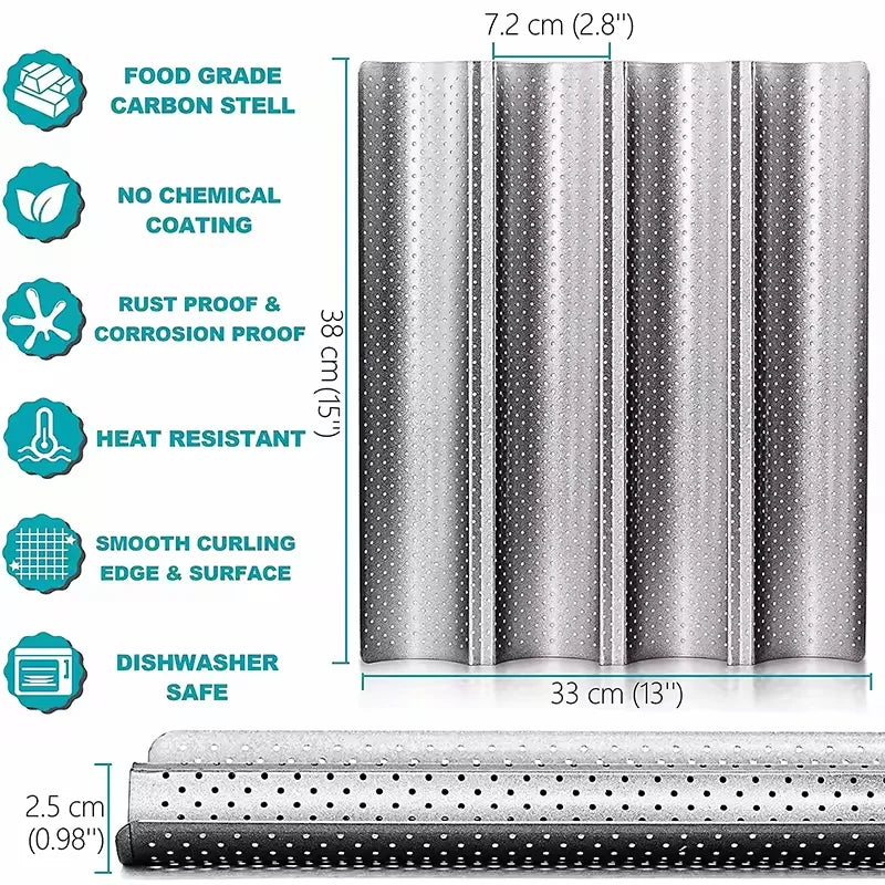 Nonstick Perforated Baguette Pan – 4-Wave Carbon Steel Bread Mold Baguette Baking Pan Qst