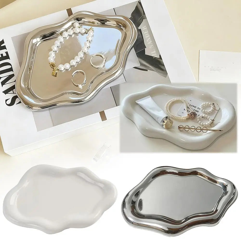 Decorative Metal Jewelry Storage Tray – White & Silver Jewelry Storage Tray Qme