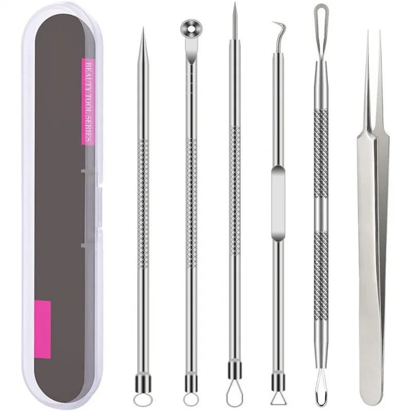 Stainless Steel Comedone Extractor & Blackhead Remover Tool Set Skin Care Tool Set Qme Silver 6Pcs