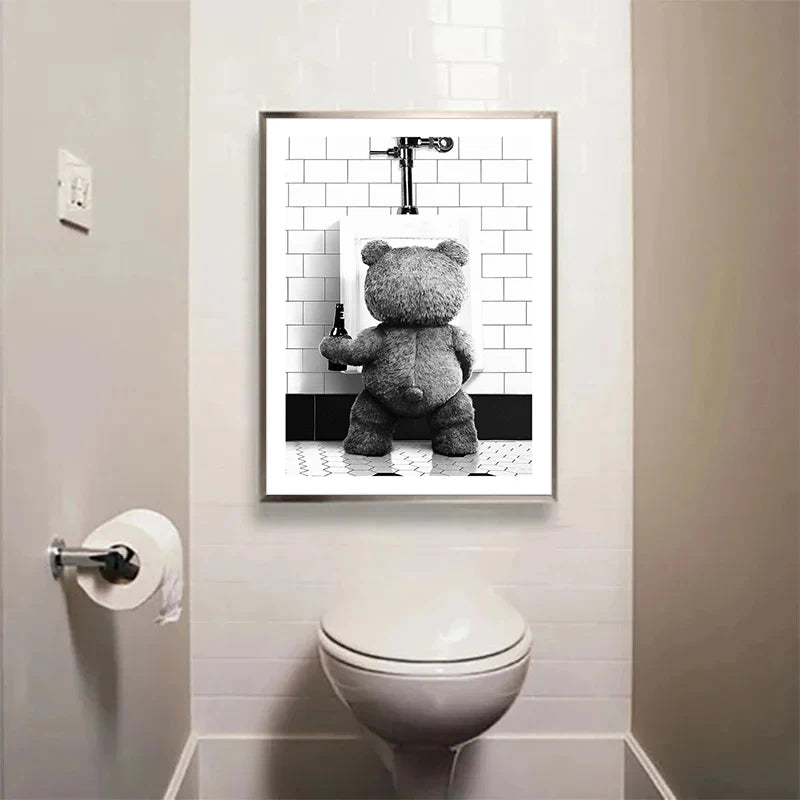 Cute Bear Canvas Wall Art – Black & White Bathroom Poster Canvas Wall Art Qst