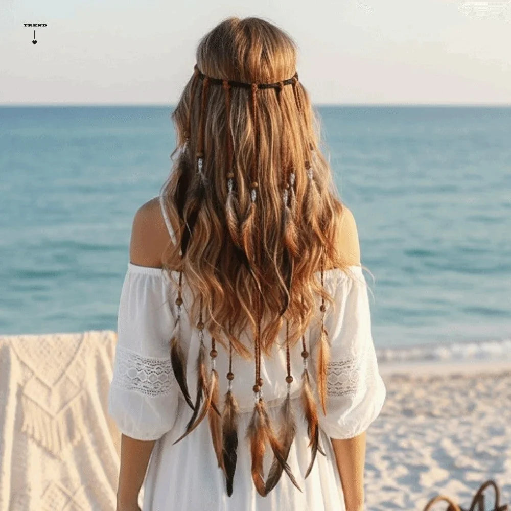 Boho Feather Headpiece – Braided Cord Orange Plumage Boho Hair Headpiece Qme