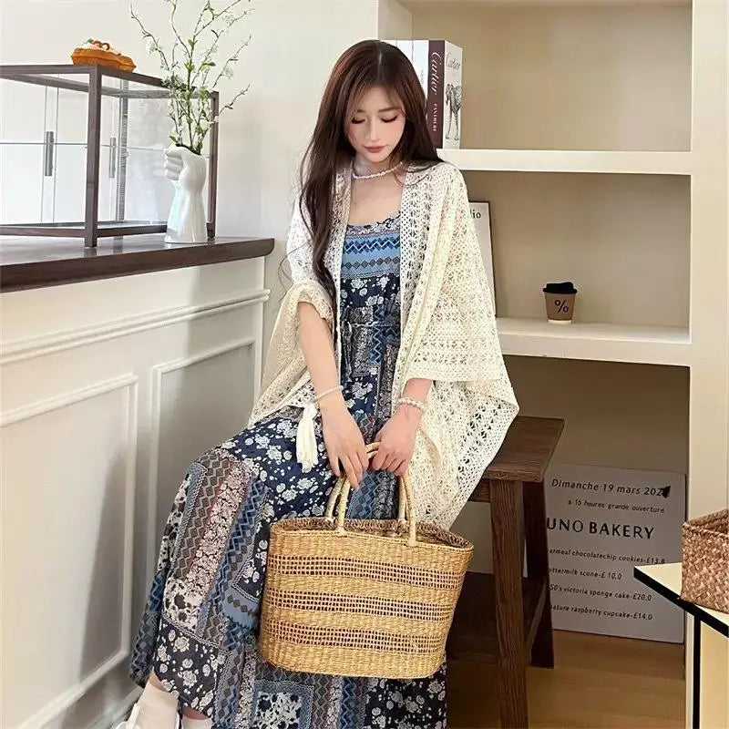 Women's Boho Crochet Lace Beach Cover-Up with Tassels Beach Cover-Up Qst Beige