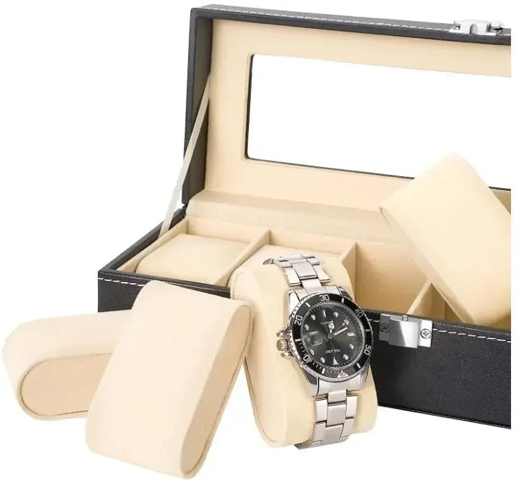 6-Slot Lockable PU Leather Watch Box | Jewelry Organizer Watch Storage Box Qme