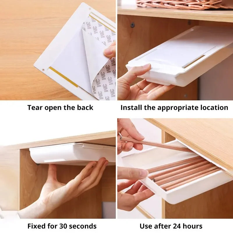 Self-Adhesive Under-Desk Drawer Storage Box – Pencil & Makeup Tray Under-Desk Drawer Organizer Qme