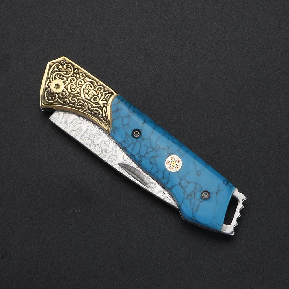 XUANFENG Damascus Folding Pocket Knife – Blue Pattern Steel Damascus Folding Knife Qst