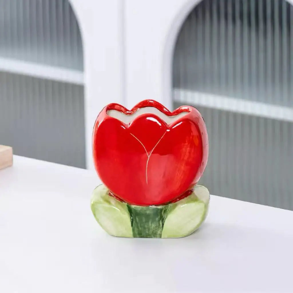 Tulip Ceramic Flower Vase | Contemporary Floral Pot Decor Ceramic Flower Vase Qme red M