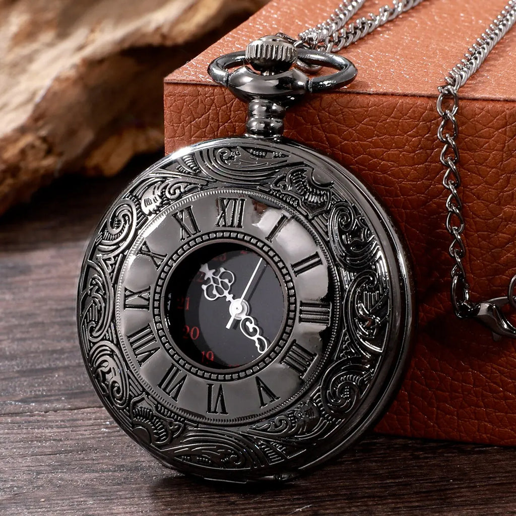 Steampunk Pocket Watch Necklace – Antique Black Roman Numerals Pocket Watch Necklace Qme