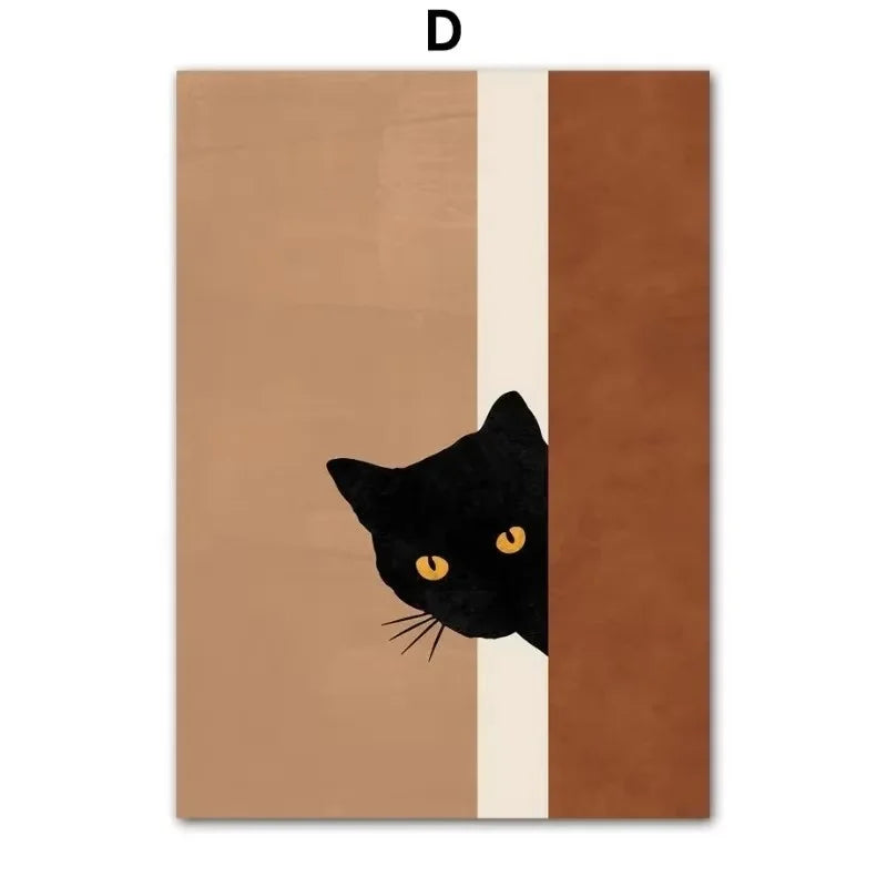 Peeping Black Cat Canvas Wall Art – Funny Minimalist Poster