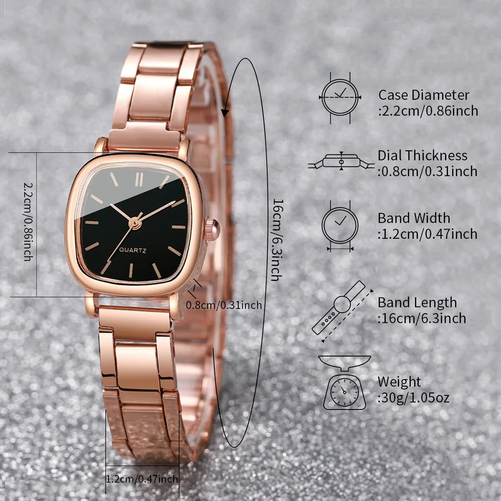 Rose Gold Square Quartz Watch & Heart Bracelet Set | Elegant Watch Bracelet Set Qme