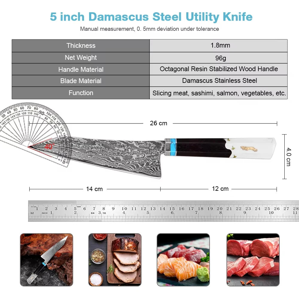 XITUO 5-Inch Damascus Steel Utility Knife – Japanese Petty Damascus Kitchen Knife Qst