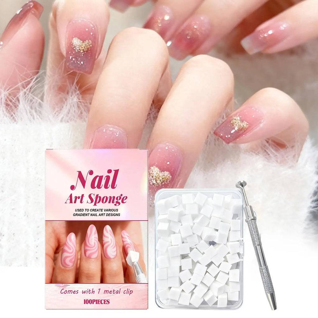 100 Soft Square Nail Art Sponges with Grabbing Pen | Pro Kit Nail Art Sponge Set Qme