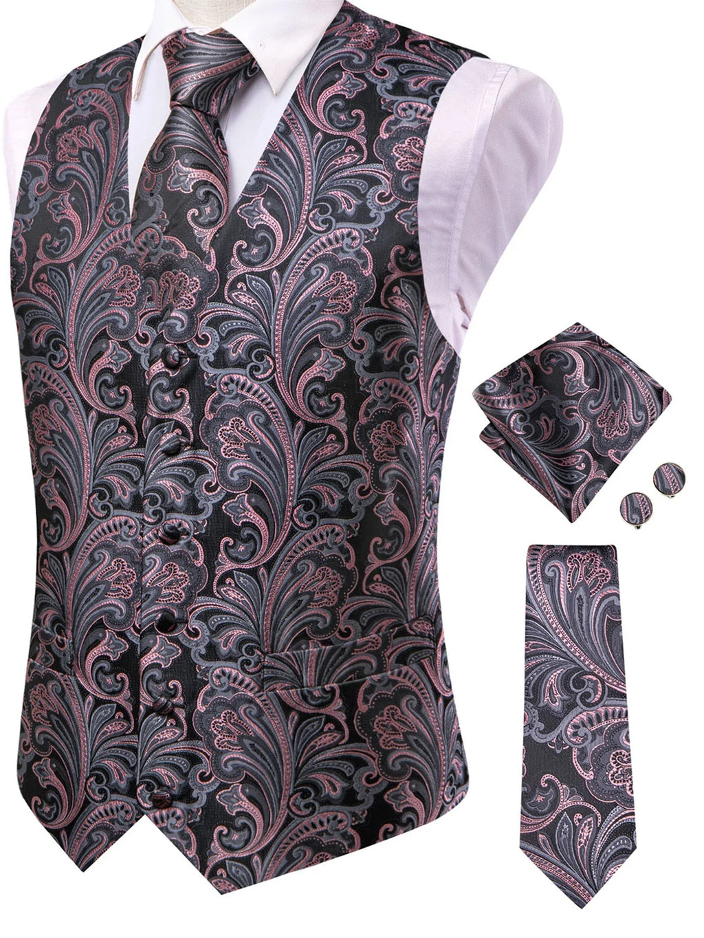 Men's Paisley Waistcoat & Tie Set | Single Breasted Vest Vest & Tie Set Qme HT-MJ-0060 XL