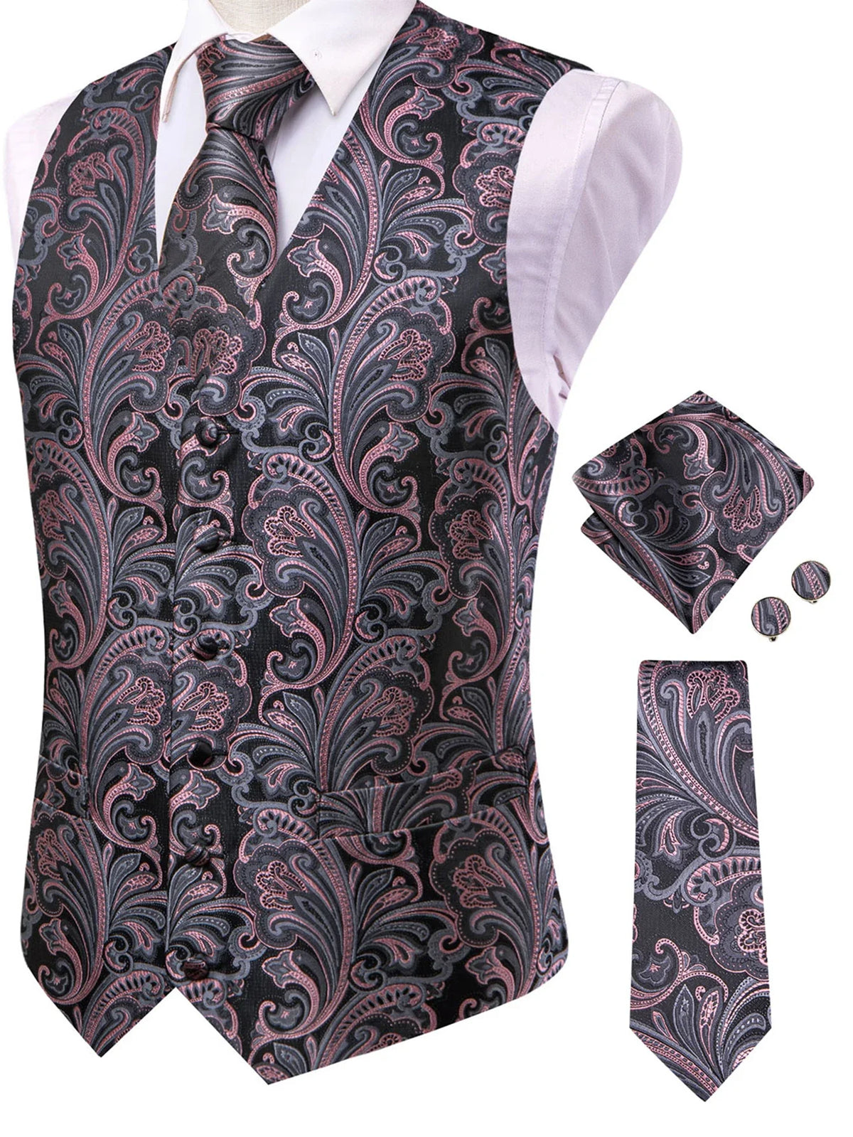 Men's Paisley Waistcoat & Tie Set | Single Breasted Vest Vest & Tie Set Qme HT-MJ-0060 XL