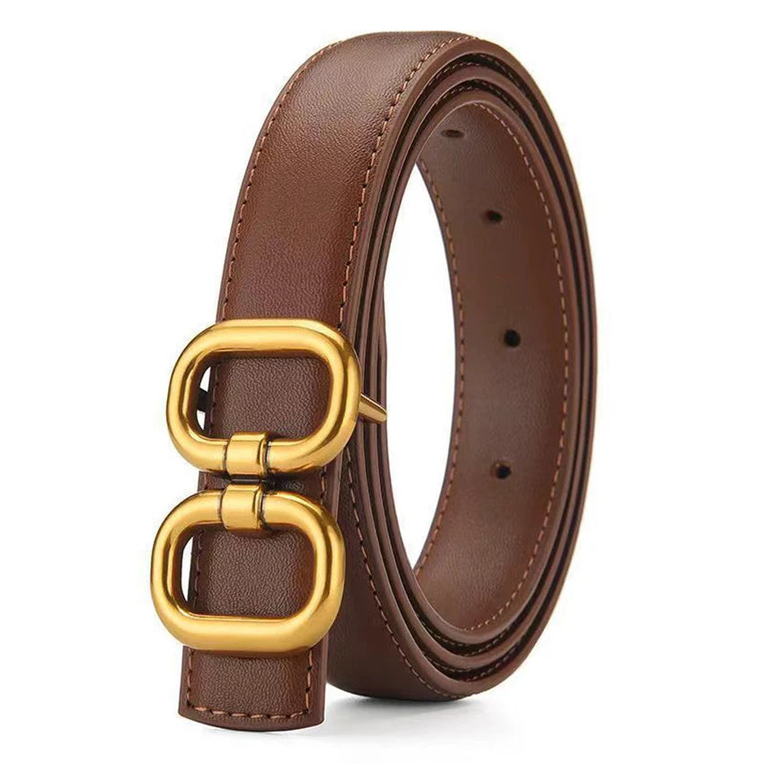 Women's Metal Double Ring PU Belt – Casual Versatile Fashion Fashion Belt Qst Coffee 110cm