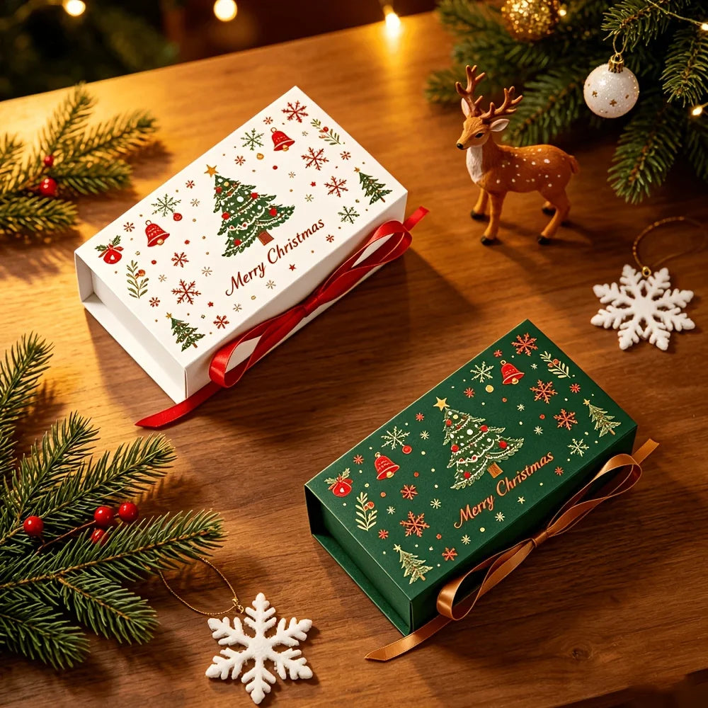 Christmas Gift Boxes with Ribbon – Snowflake & Tree Print, 10pk Christmas Gift Boxes Qme